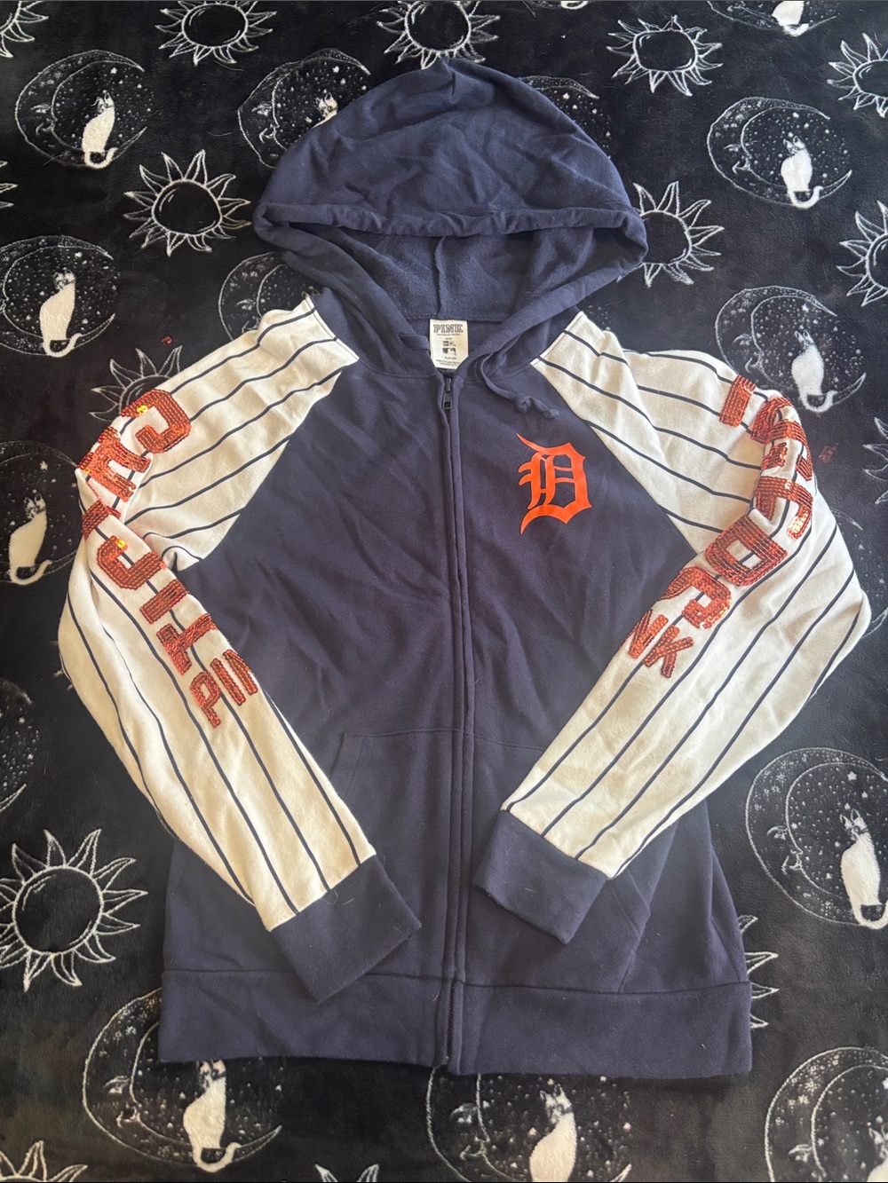 Navy & White PINK Hooded Zip Jacket with Detroit Tiger Sequin Detailing